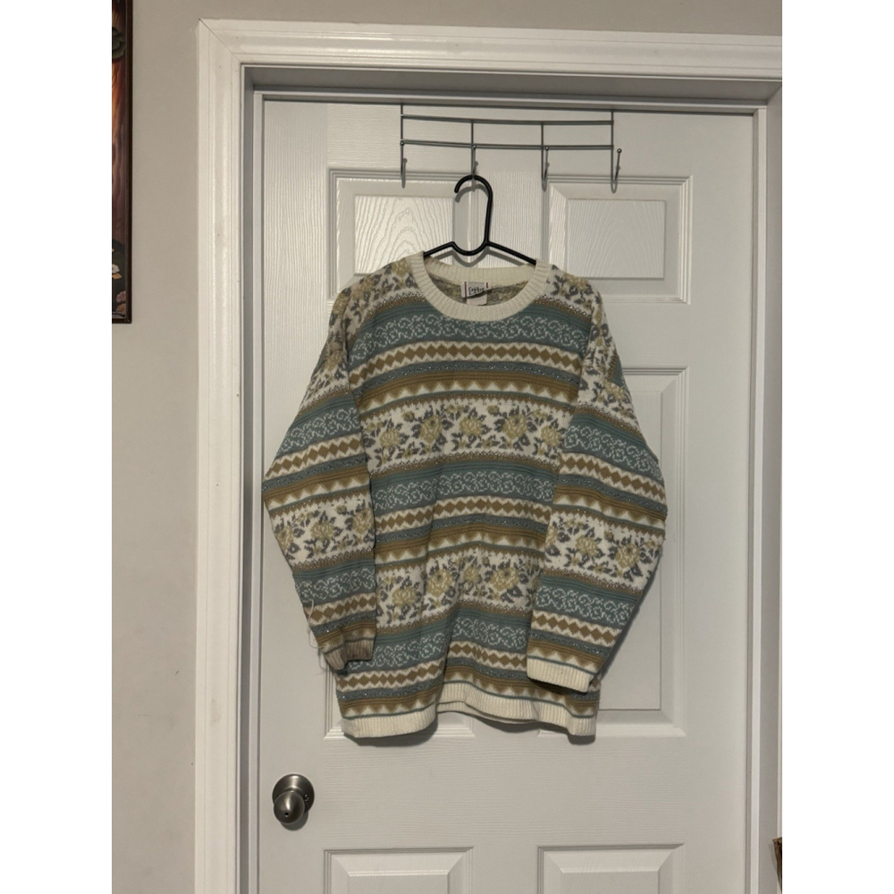 VTG Cricket Lane Women's Xl Floral Stripe Cottage Core Pullover Sweater Tan